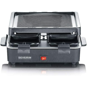 SEVERIN RG2370 Mini Raclette-Grill, kleines Raclette mit antihaftbeschichteter Grillplatte und 4 Raclette Pfännchen, Tischgrill für bis zu 4 Personen, 600 W Leistung, schwarz, [Energieklasse A+]