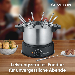 SEVERIN FO2470 Fondue, spülmaschinengeeignetes Fondueset mit 8 farblich markierten Gabeln, elektrisches Fondue aus Edelstahl für Käsefondue, Schokofondue oder Ölfondue, schwarz