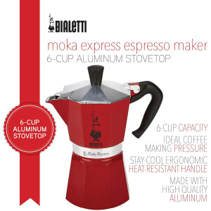 Bialetti 0004943 Italienische Kaffeemaschine, Aluminium, rot, 6 Tassen